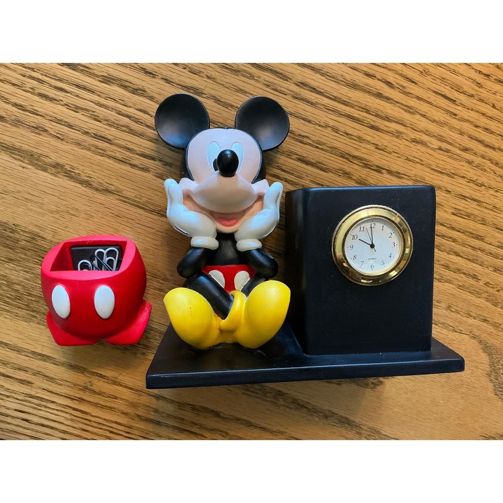 Disney Mickey Mouse Desk Organizer Clock Pen Holder Paperclip Set Vintage Style
